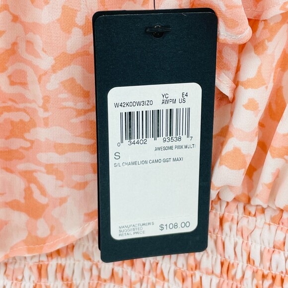 NWT GUESS Chameleon Camo Orange White Smocked High Low Maxi Dress Size S - Picture 6 of 8